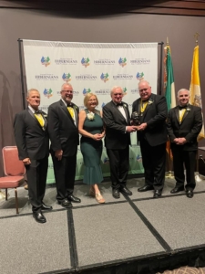 Bertie Ahern receiving 2023 Sean MacBride Humanitarian Award from The Ancient Order of Hibernians Organisation Pictured with National President Daniel J. O’Connell, Sean Pender Vice President, Consul General Helena Nolan, Ray Lynch National Secretary, Liam McNabb Treasurer