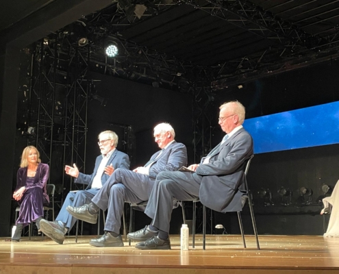 Bertie Ahern in conversation with Gerry Adams and Reg Empey at the Gate Theatre